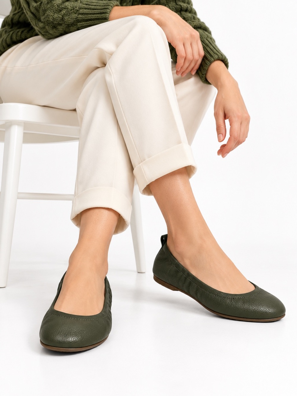 Talbots Olive Green Pebbled Leather Slip-On Ballet Flats  SZ 9.5